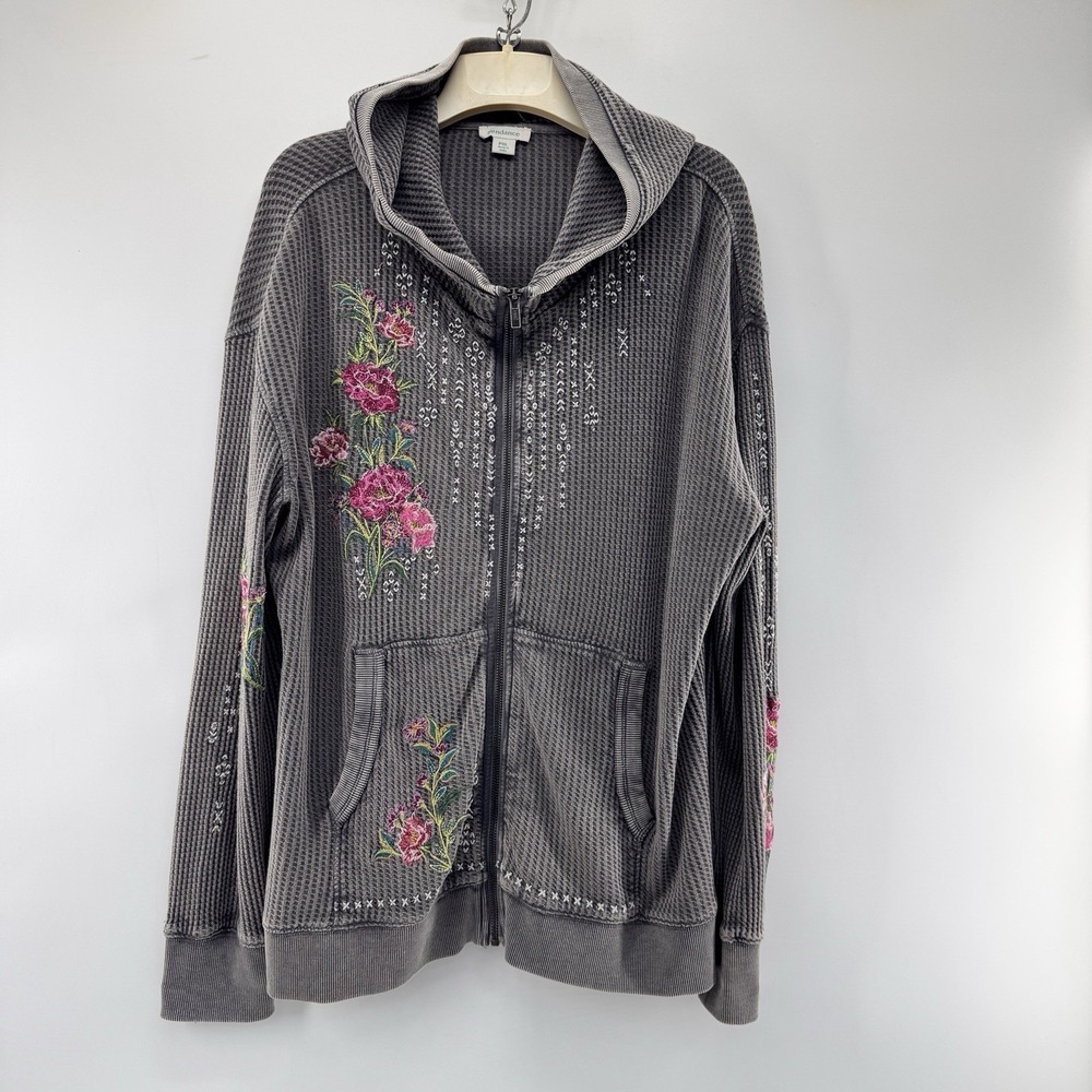 Sundance Floral Embroidered Hoodie Womens PXL Waffle Zip Up Gray Cotton Western